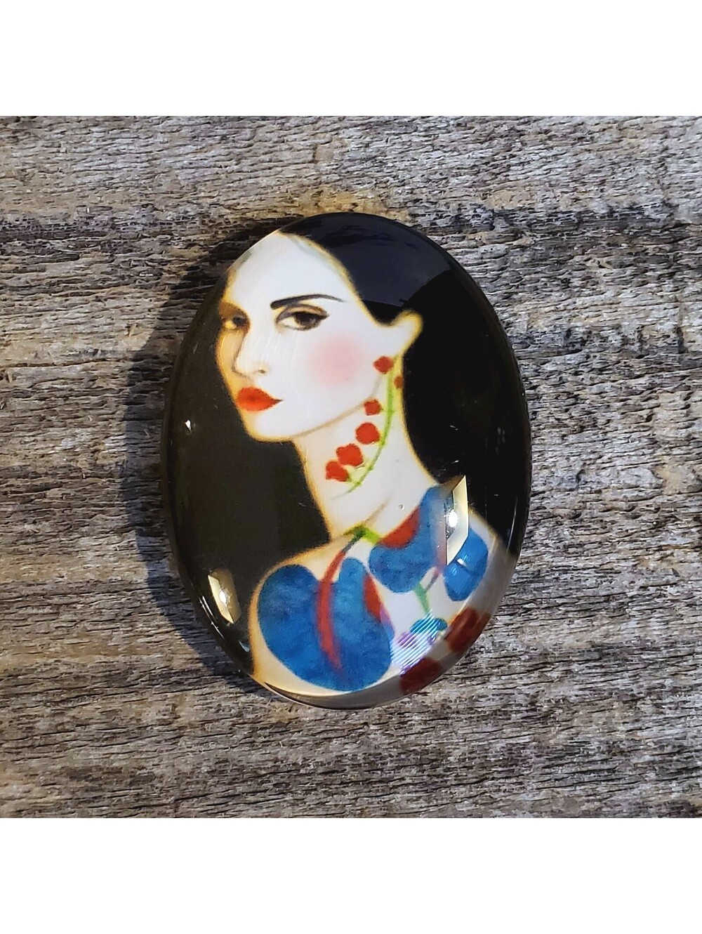 Artsy Fantasy Black Haired Plant Woman 40x30mm Oval Glass Cabochon